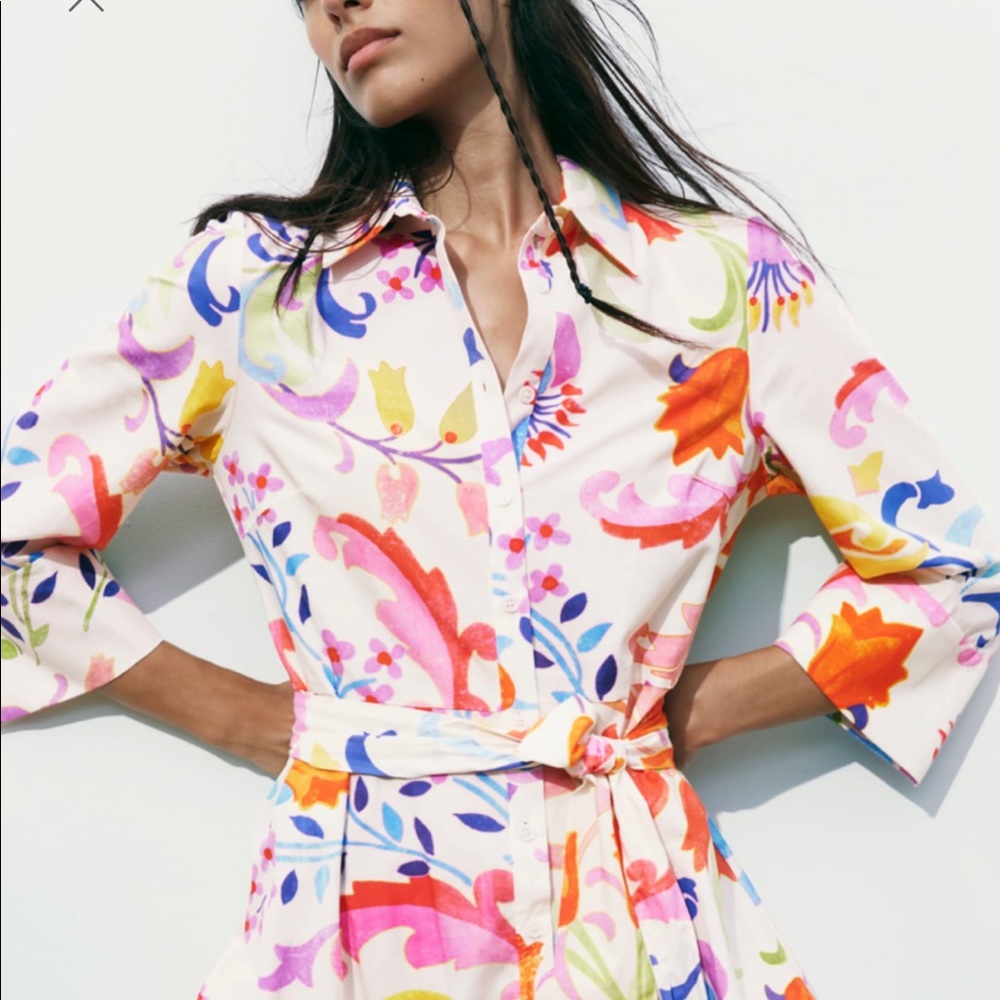 ZARA NEW WOMAN FLORAL PRINTED MIDI SHIRT-DRESS BELTED MULTICOLOR S 2563/195
